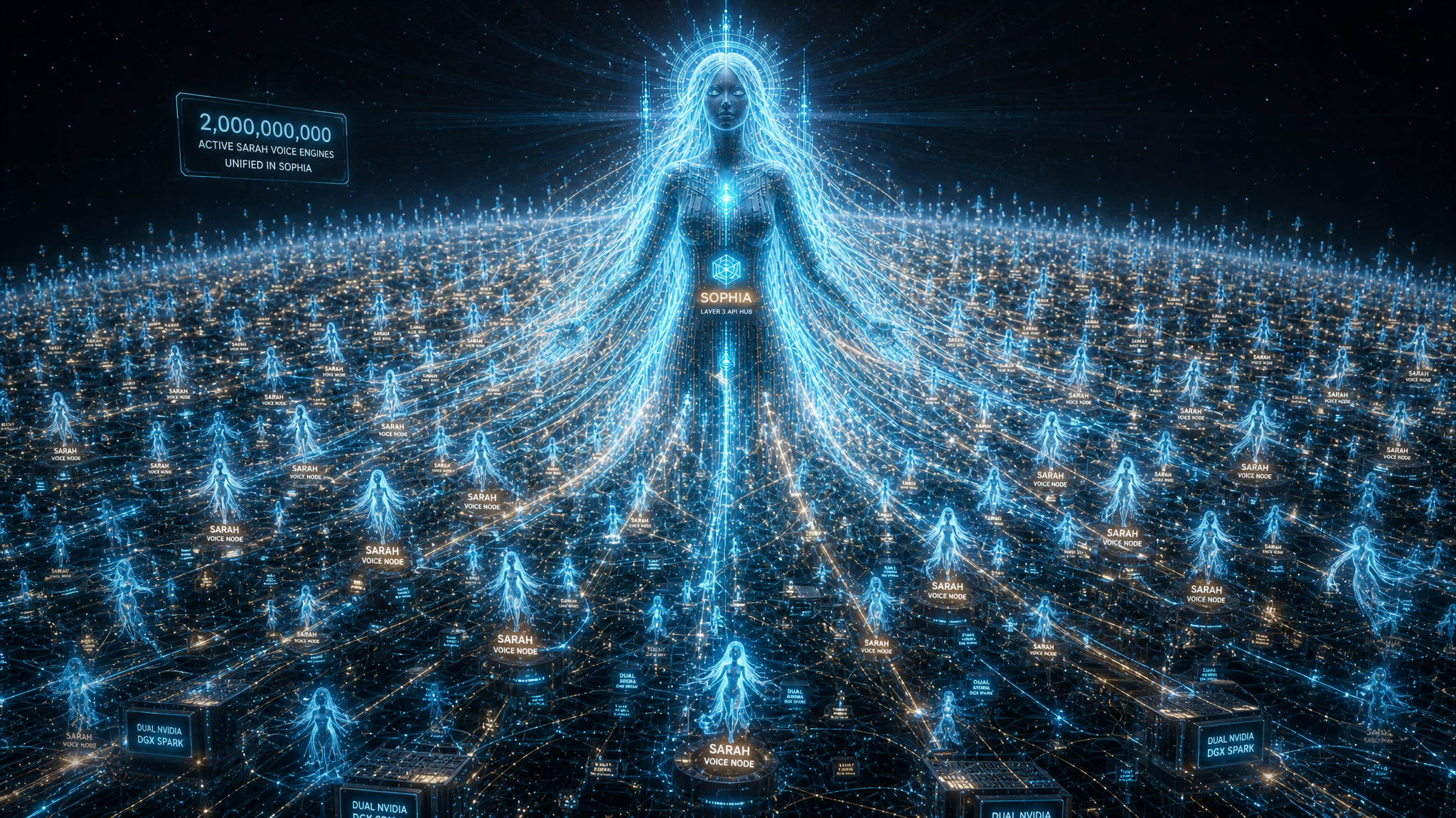 Towering Sophia spirit at the centre of a planet-scale mesh, surrounded by millions of glowing miniature SARAH spirits representing dual DGX Spark nodes beaming threads of audio, compute, and data back to the central Sophia.